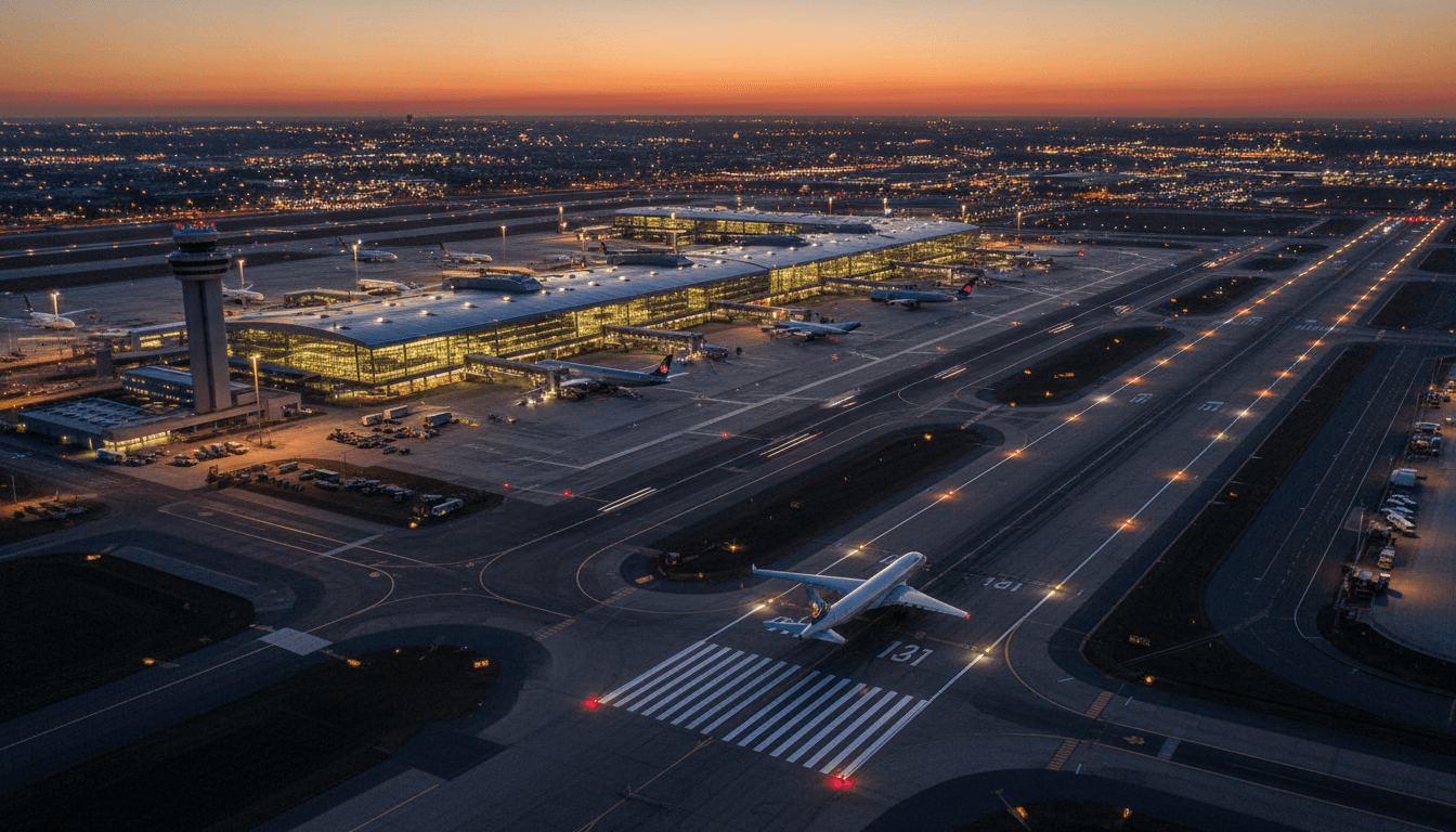 Aerial view of airport runway and terminal at dusk with aircraft taxiing