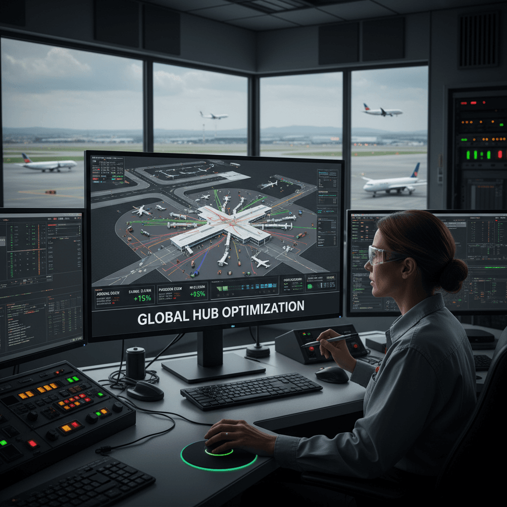 Engineer reviewing airport terminal simulation on a computer monitor