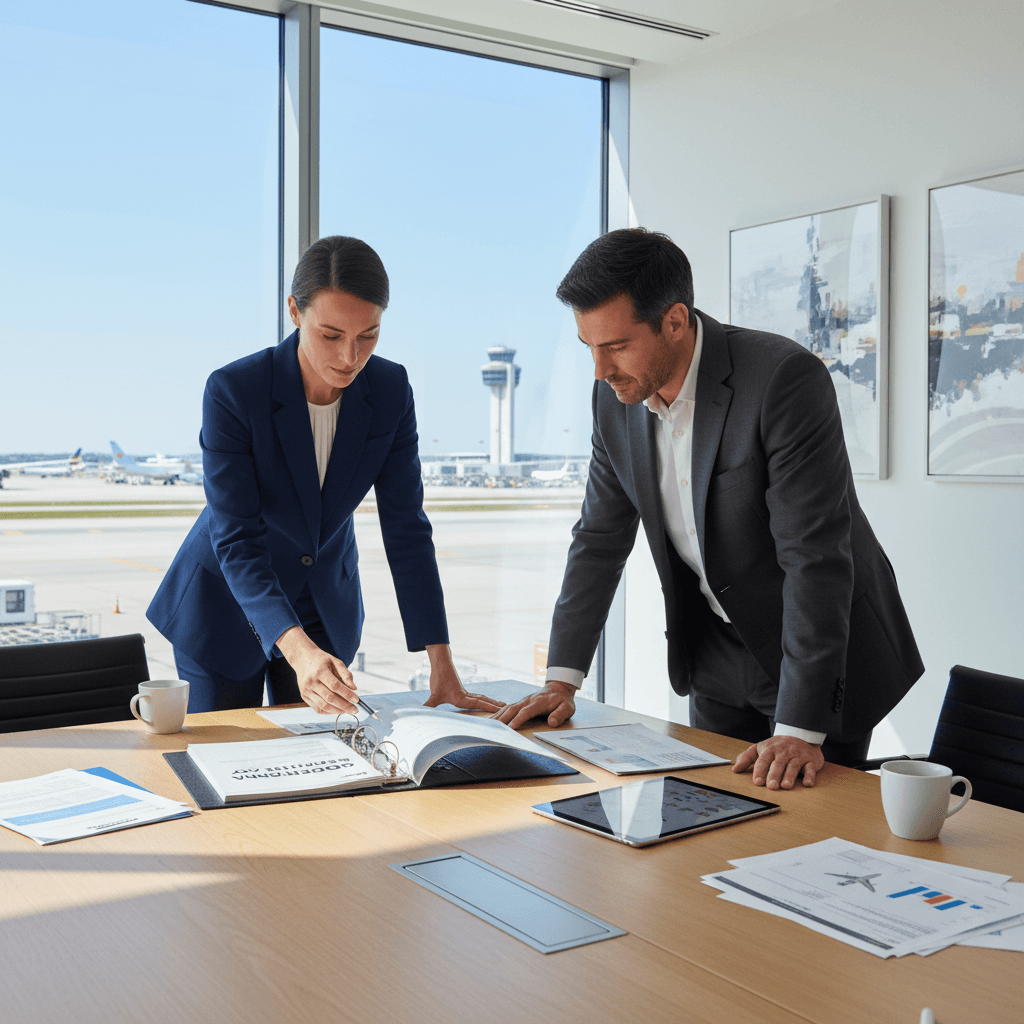 Aviation consultant discussing operational strategy with airport executive at a desk
