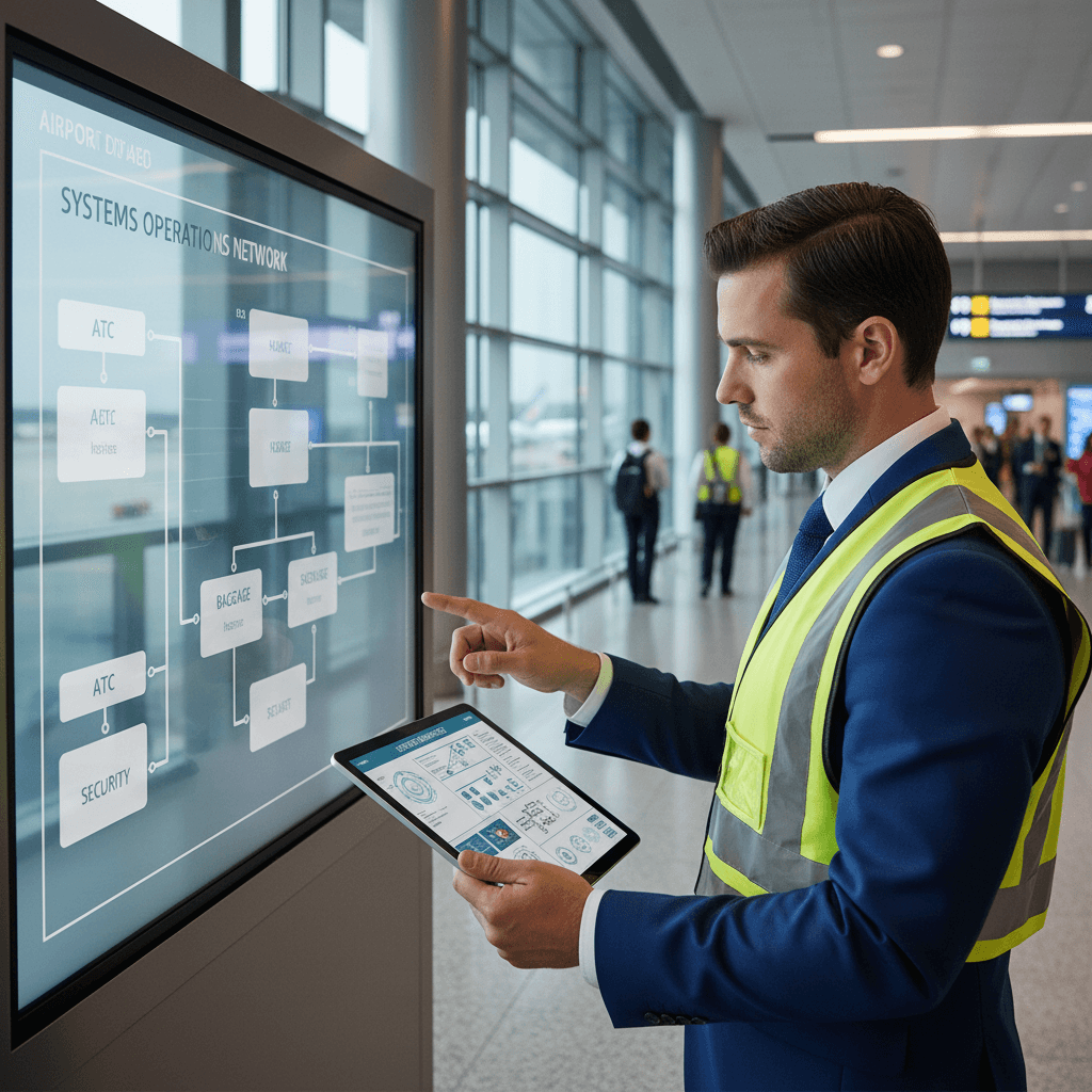 Professional evaluating airport technology during a terminal walkthrough