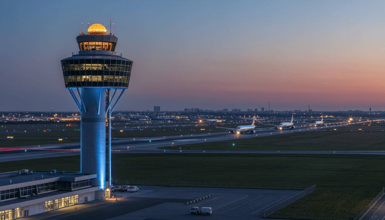 Airport control tower silhouetted at dusk with aircraft moving on the tarmac below