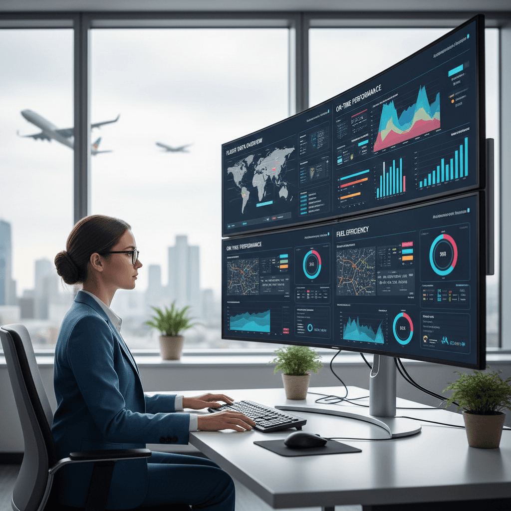 Data analyst reviewing aviation performance dashboards on a large screen